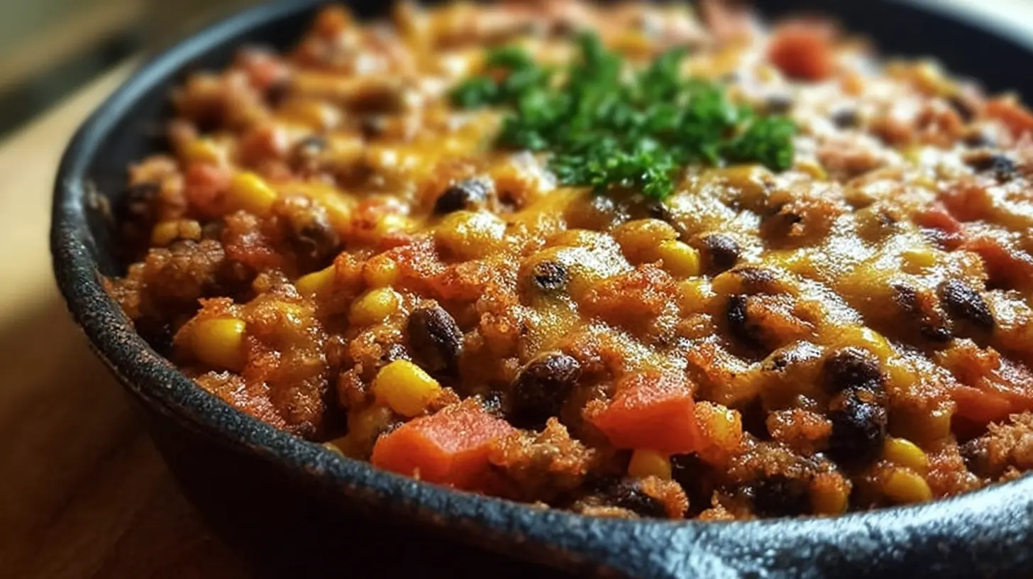 A close-up of a bubbling Black-Eyed Pea Casserole, fresh from the oven, with a golden-brown top.