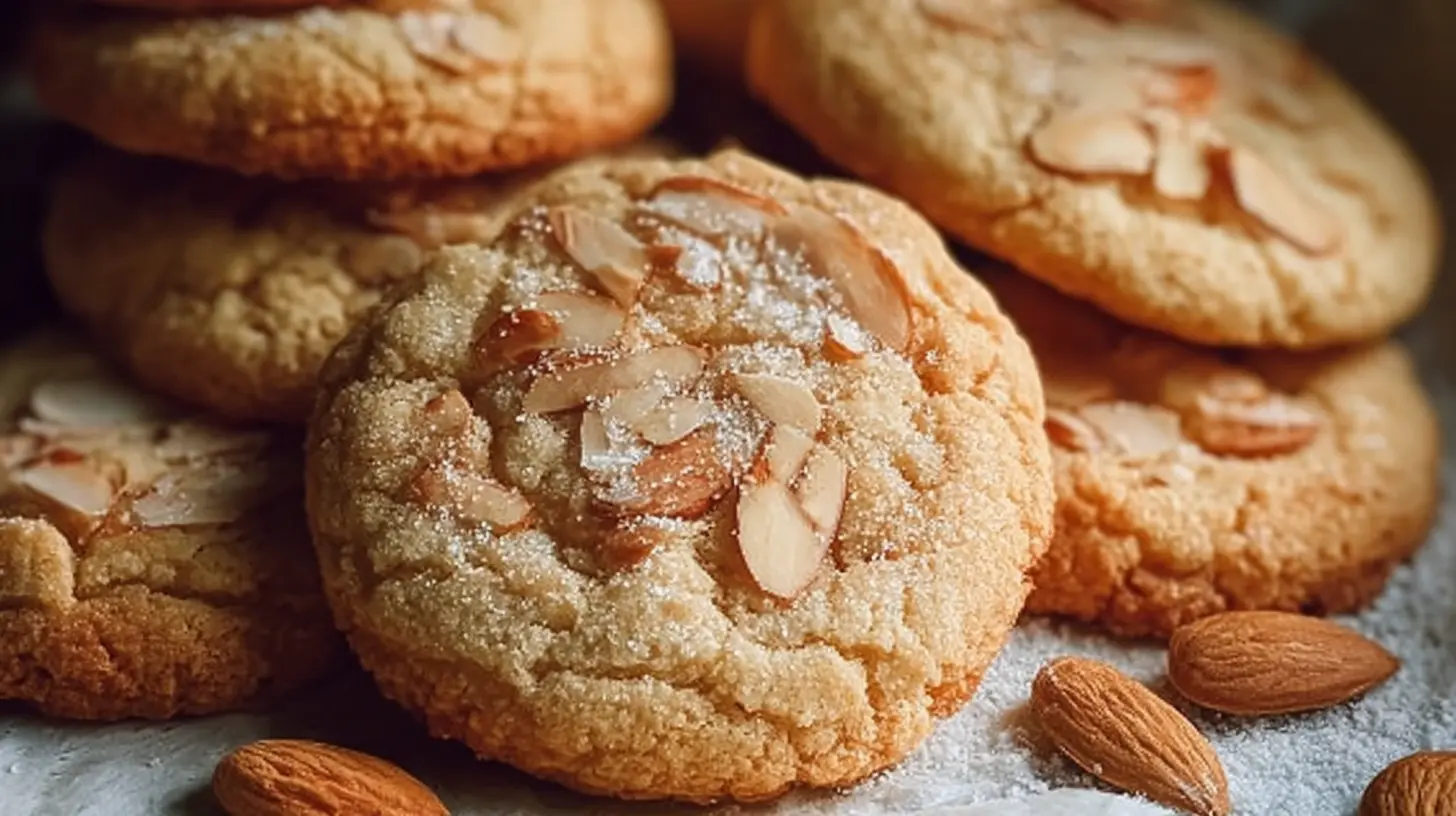 Close-up of chewy almond cookies on a baking sheet