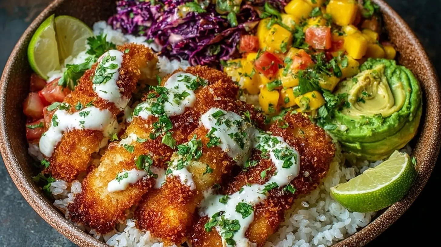 Crispy Fish Taco Bowls: Our Top 9 Tips 2 A vibrant Crispy Fish Taco Bowl with fresh toppings and a lime wedge.