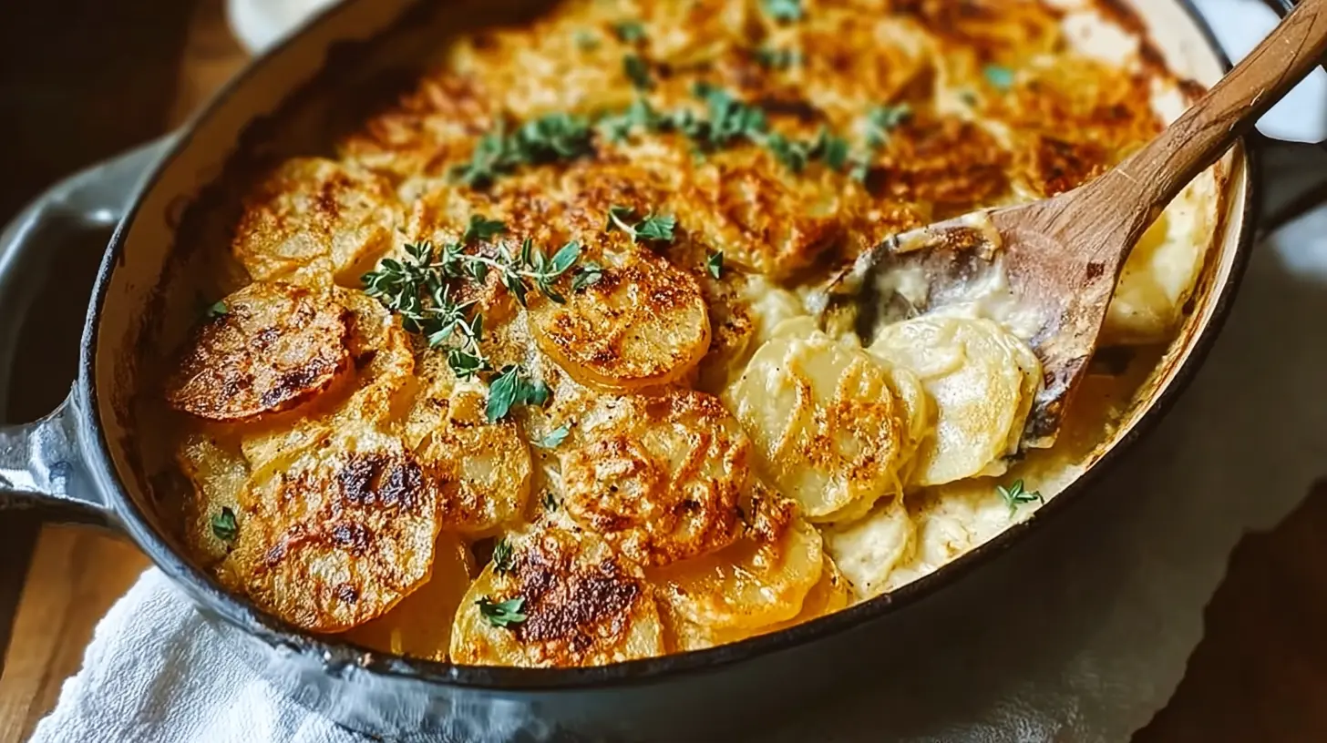 A serving of easy vegan scalloped potatoes in a rustic bowl.
