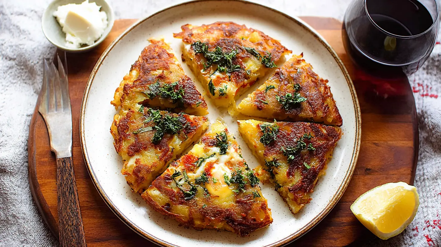 A close-up view of a savory Frika (potato and cheese hash) dish, showing the browned potato and melted cheese.