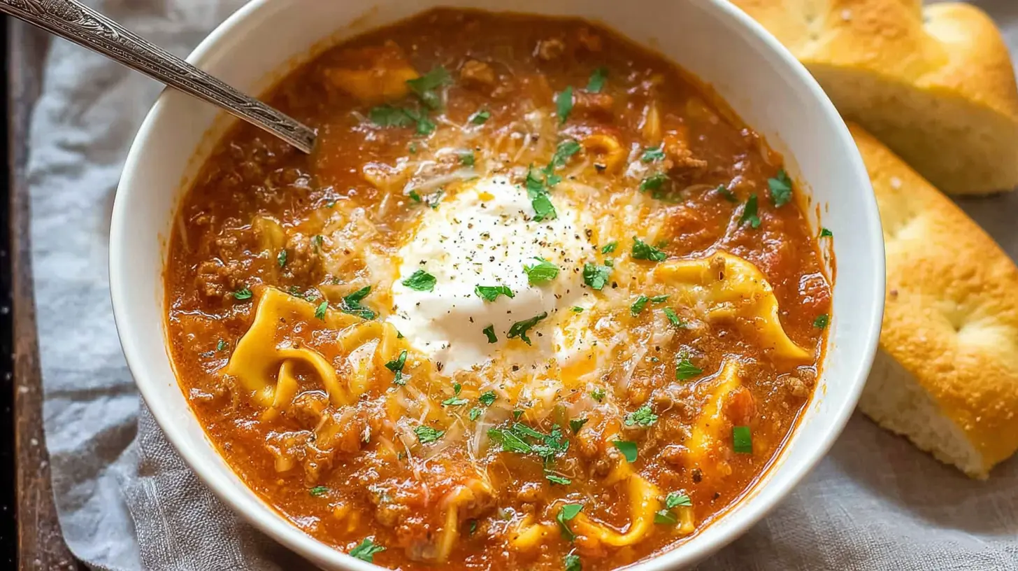 A steaming bowl of hearty lasagna soup, rich with noodles and cheese.