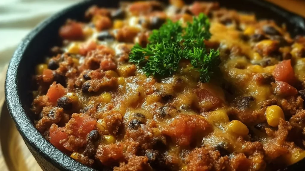 A rustic pan filled with a steaming Black-Eyed Pea Casserole, ready to be served.