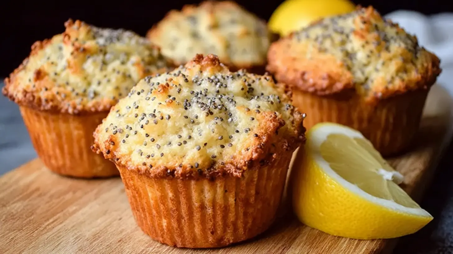 Close-up of a freshly baked lemon poppy seed muffin with a golden top
