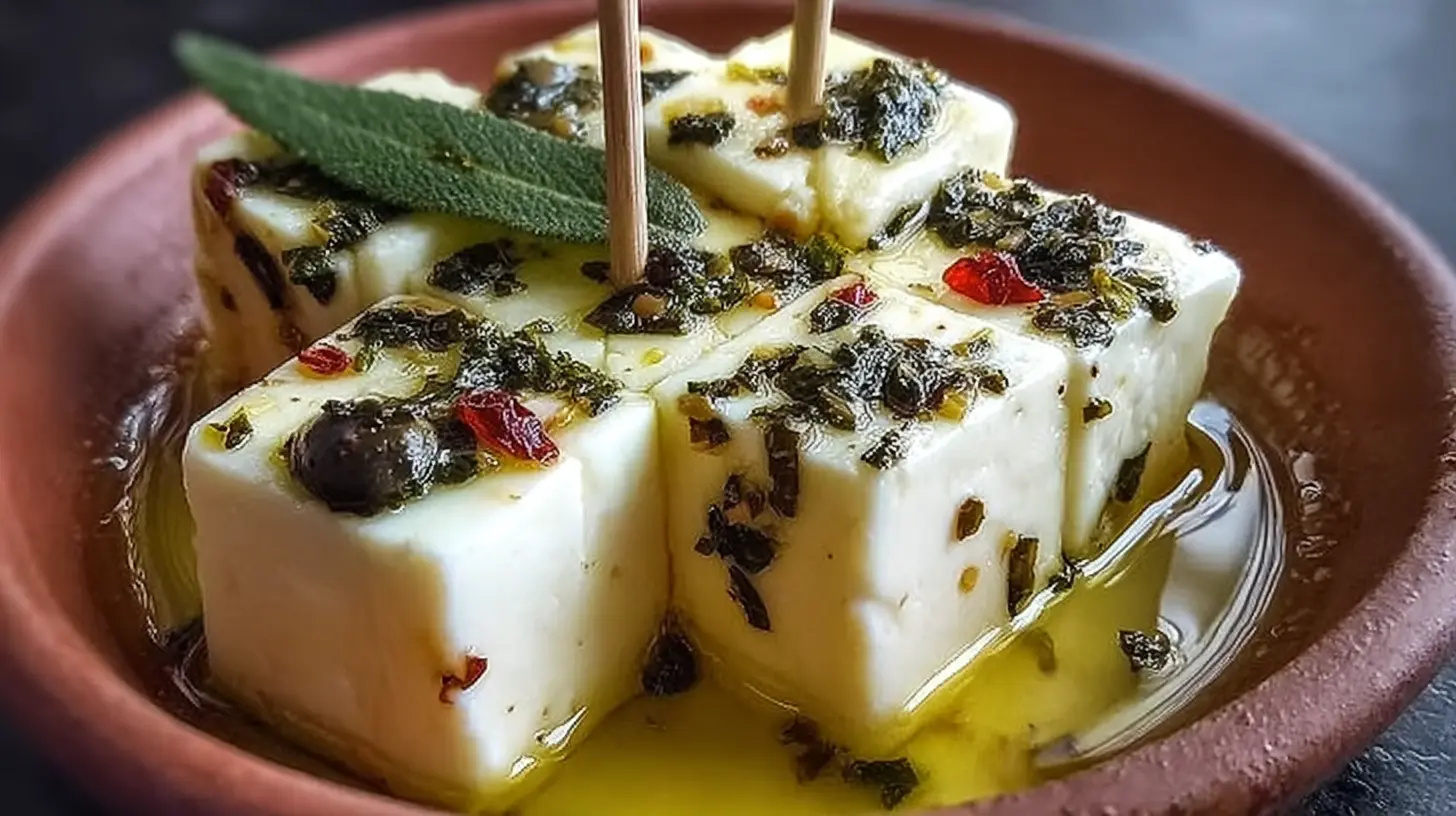 A delectable marinated cheese appetizer, perfect for any gathering.
