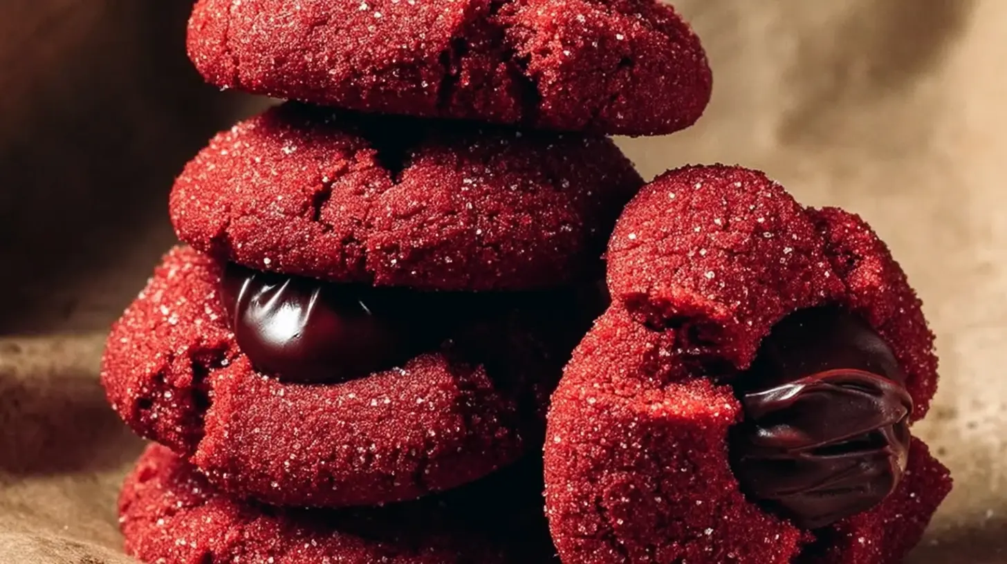 Red Velvet Kiss Cookies with a Hershey's Kiss on top and powdered sugar dusting