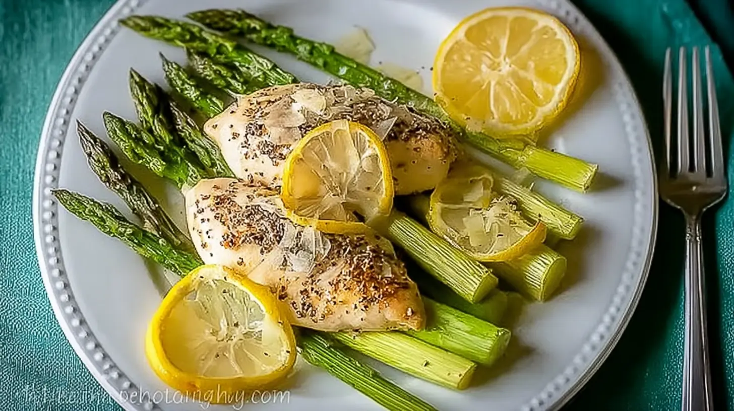 A full sheet pan of lemon pepper chicken and asparagus with crisp edges