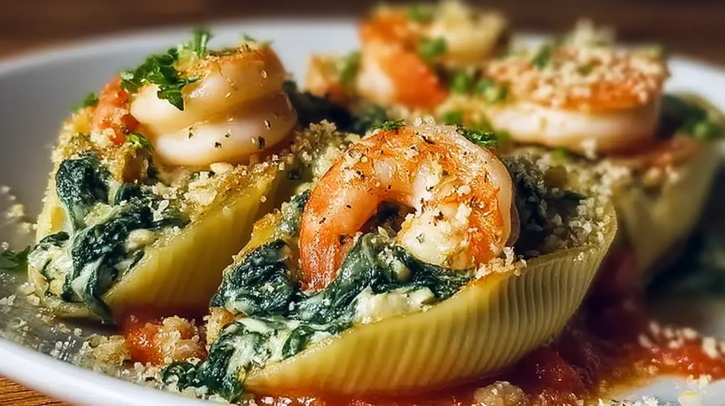 Close-up of shrimp spinach stuffed pasta rolls on a plate