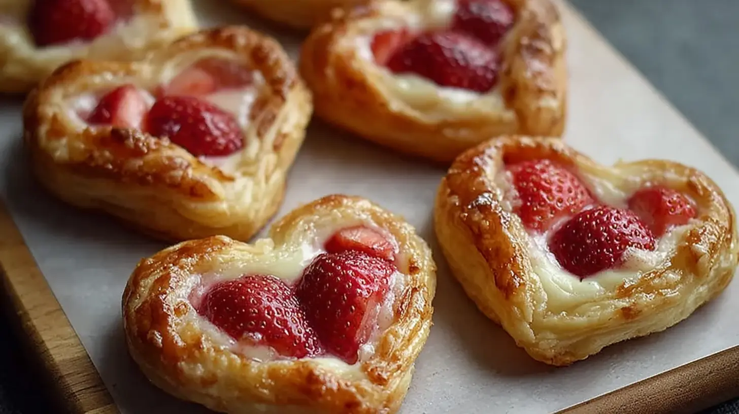 Flaky Strawberry Cream Cheese Heart Danishes arranged decoratively