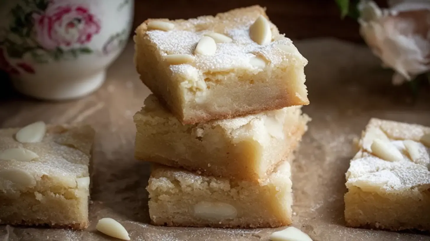 Close-up of white chocolate brownies with visible chunks of white chocolate