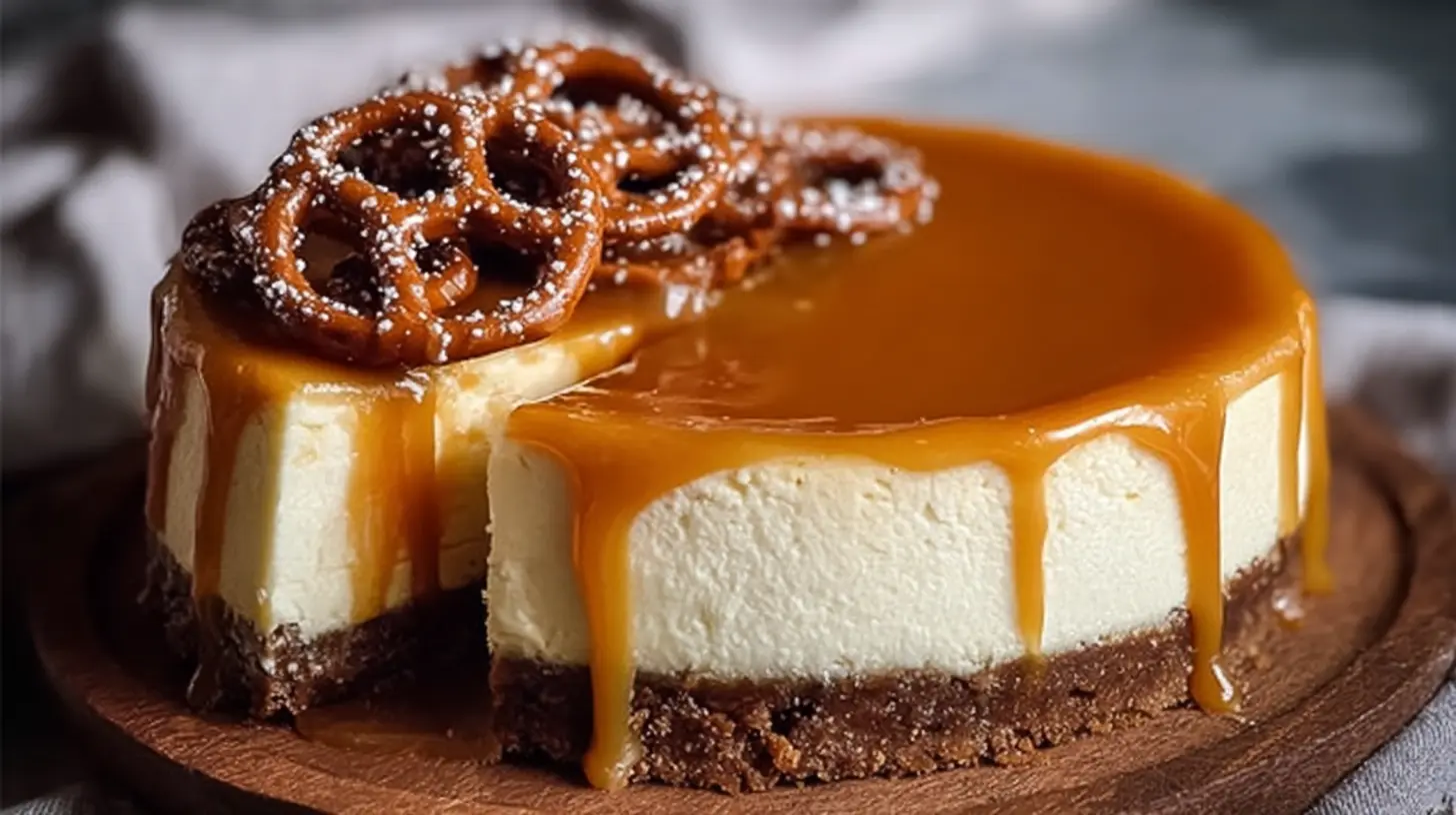 A rich white chocolate salted caramel cheesecake, freshly prepared.