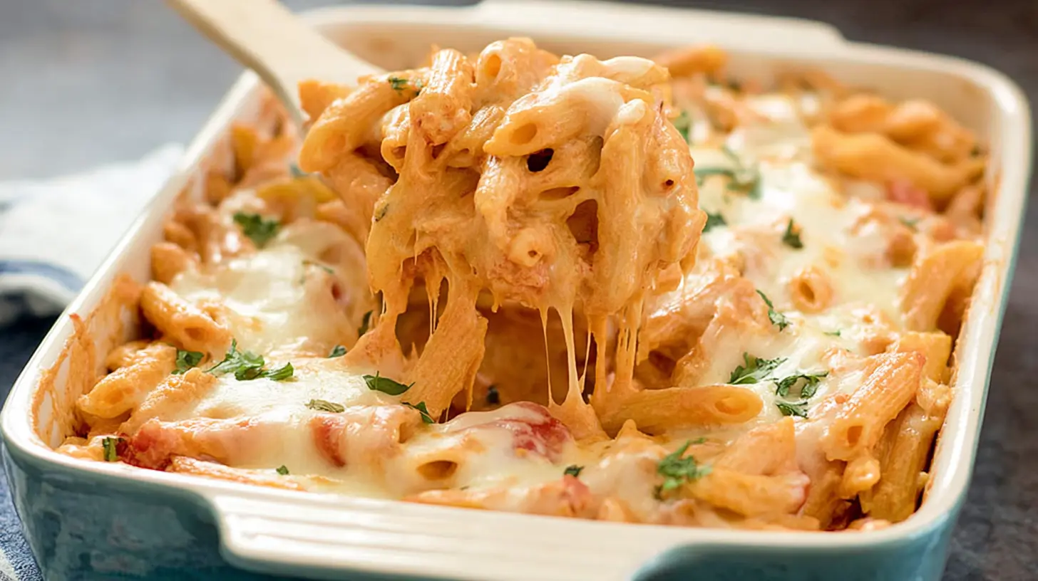 A cheesy baked penne dinner, bubbling hot from the oven.