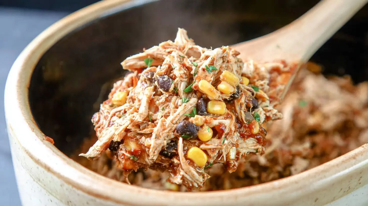 A bowl of easy crockpot shredded chicken, ready to serve.