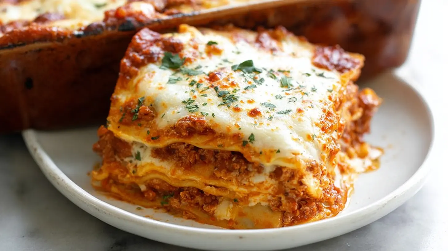 A baking dish filled with an easy lasagna dinner, ready to serve.