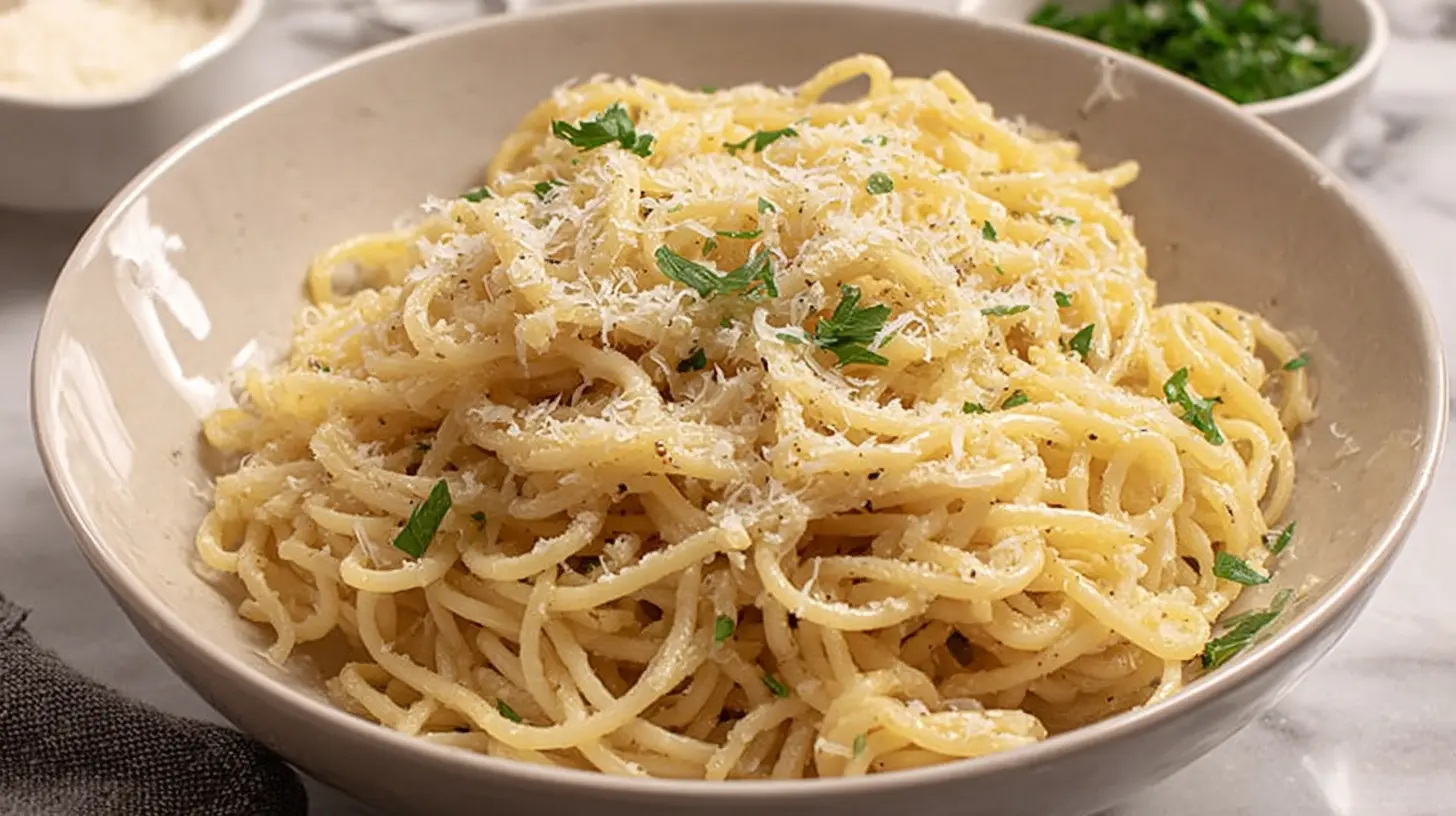 A close-up of a bowl of garlic butter pasta dinner, garnished with fresh herbs.