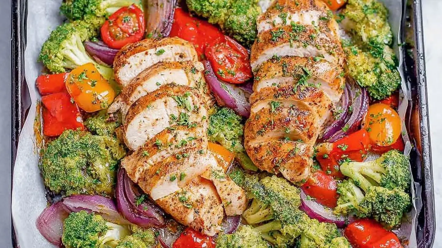 A healthy dinner recipe featuring chicken and a colorful assortment of vegetables.