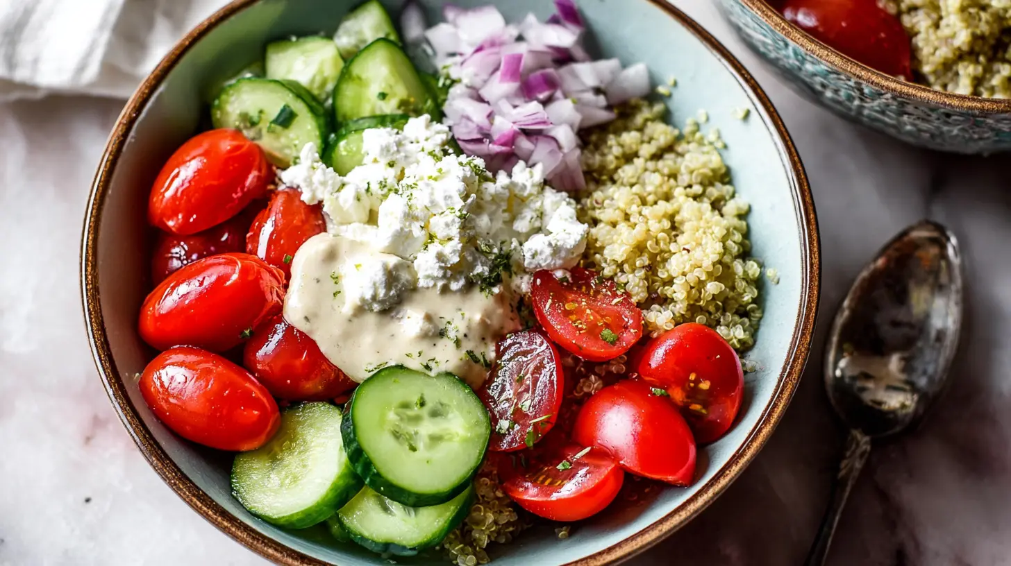 A Mediterranean quinoa bowl featuring fresh cucumbers, ripe tomatoes, and a hummus drizzle.