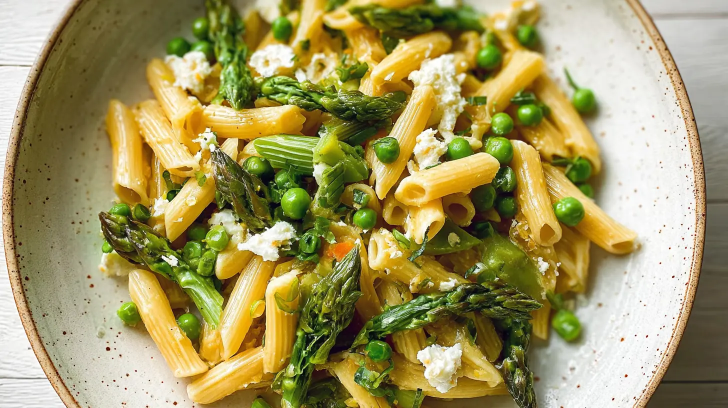 A vibrant bowl of spring veggie pasta dinner with fresh seasonal vegetables.