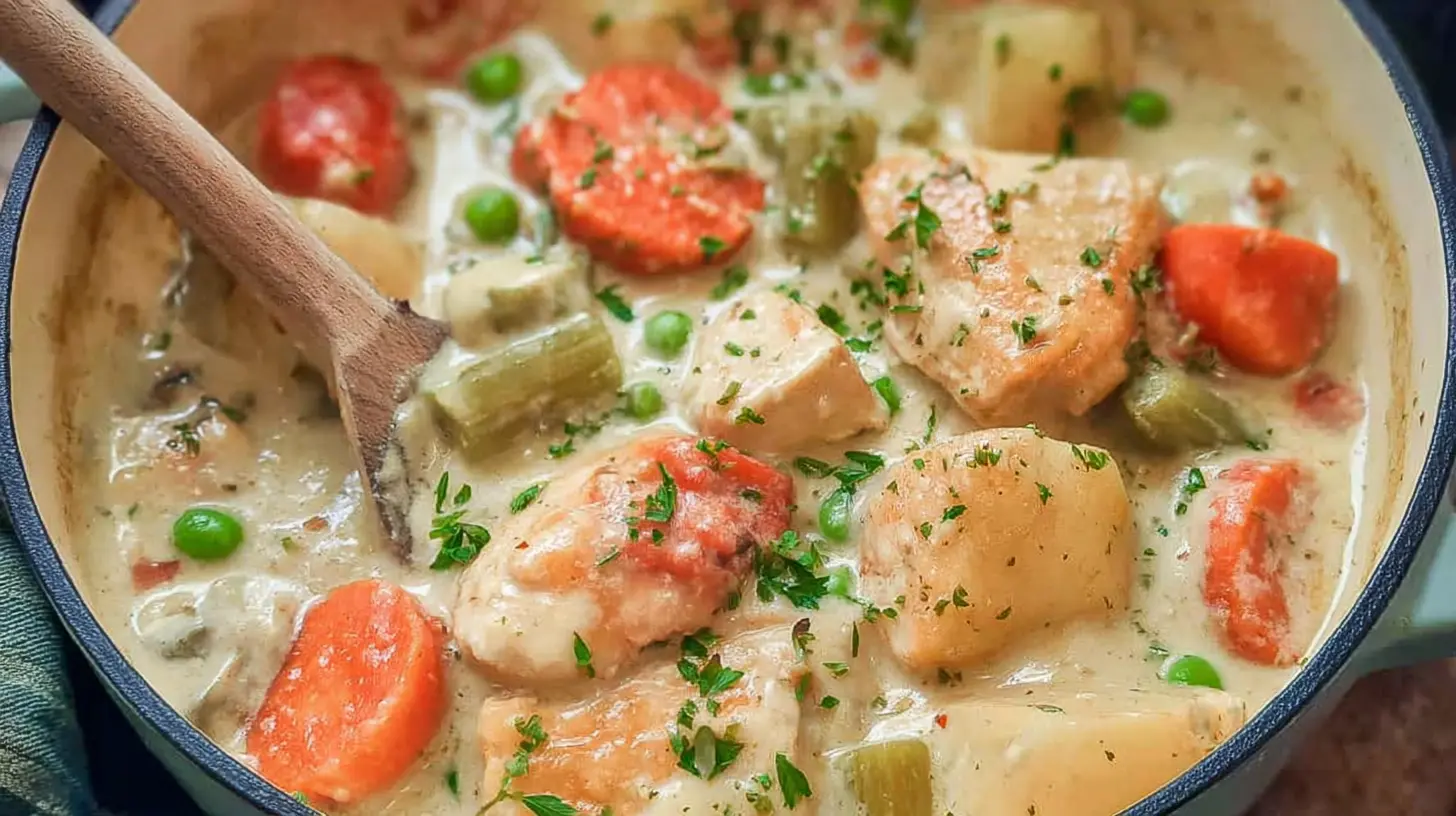 A bowl of rich winter creamy chicken stew with vegetables