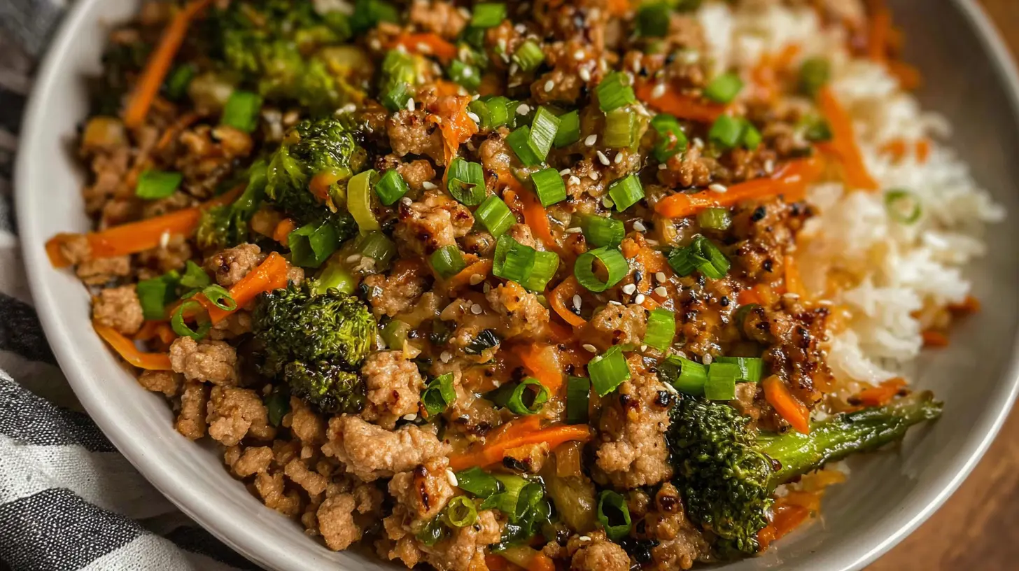 A freshly cooked 30-minute ground turkey dinner served in a bowl.