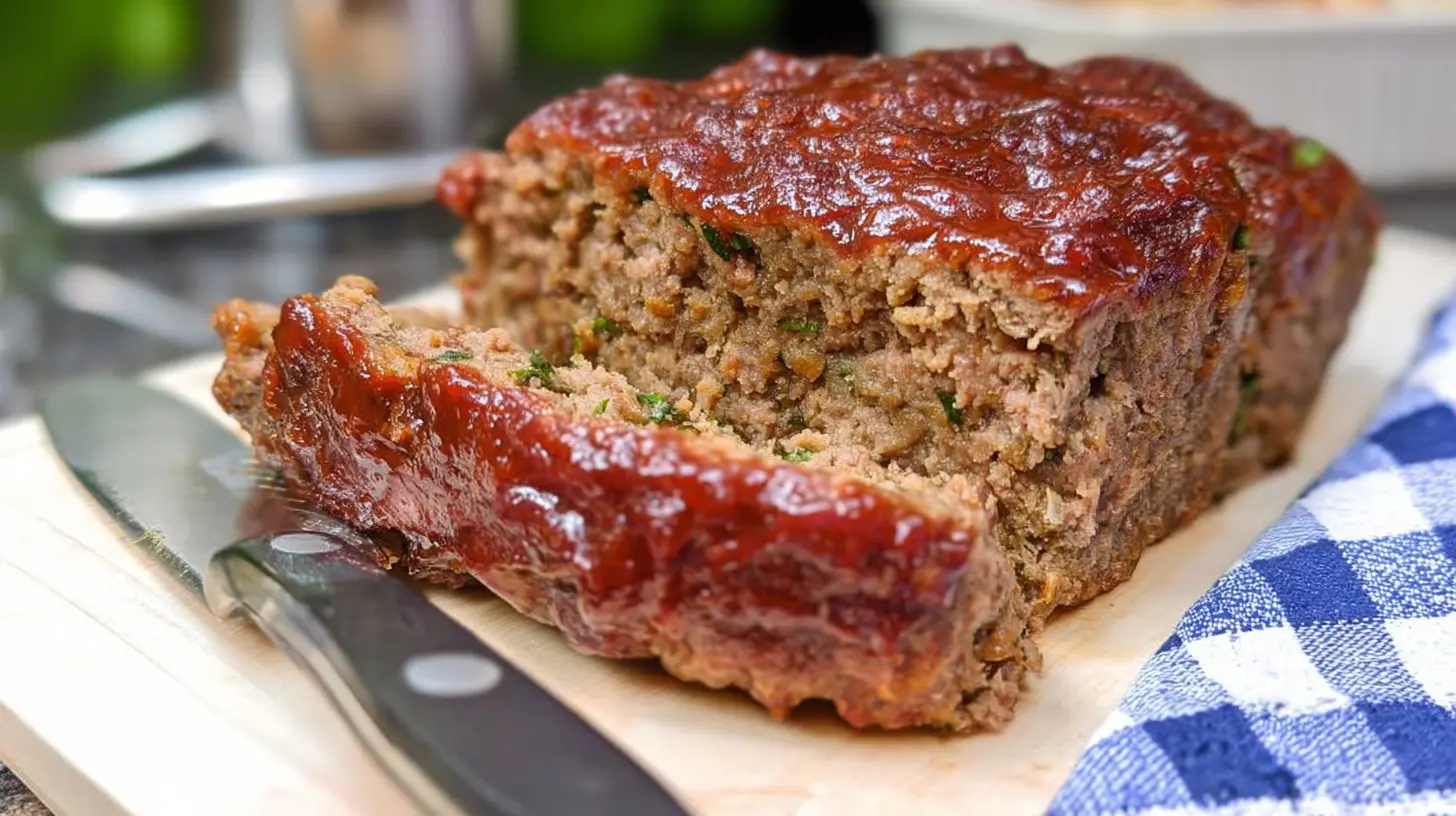 A perfectly baked classic beef meatloaf, sliced and ready to serve.