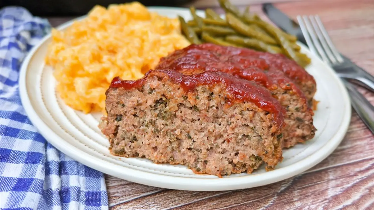 Classic family meatloaf, rich brown and topped with a savory glaze.