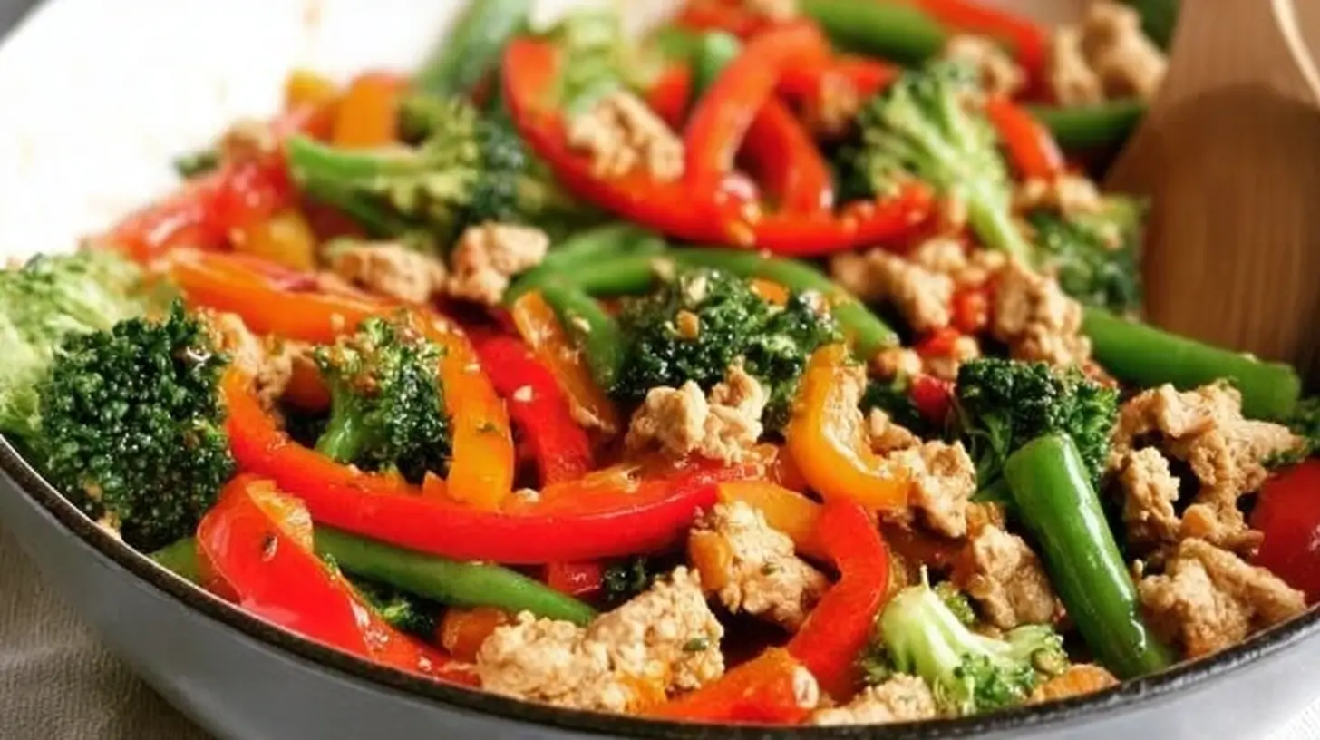 A vibrant easy ground turkey stir fry with colorful vegetables in a wok