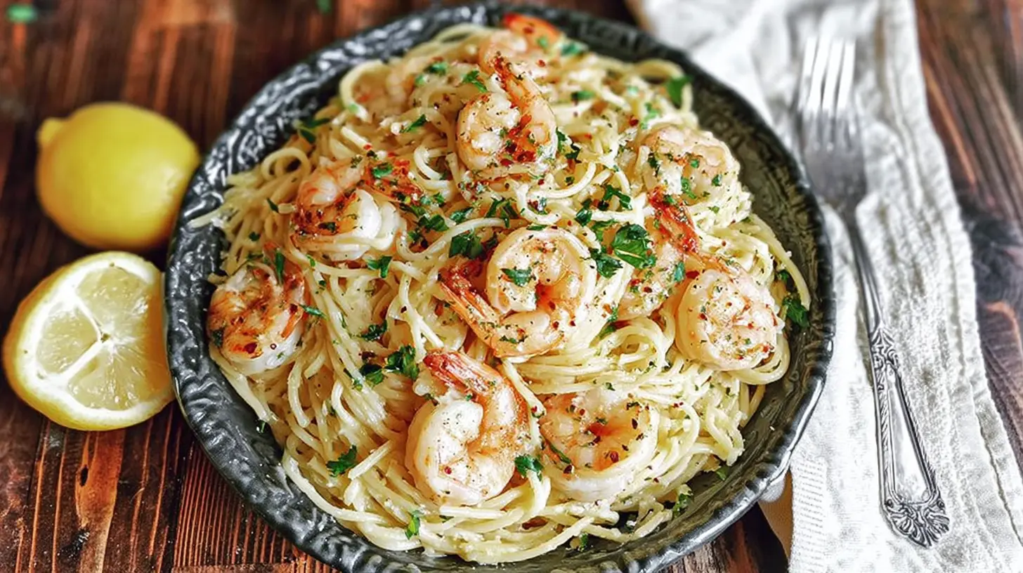 A bowl of easy shrimp pasta with a savory sauce and fresh herbs.