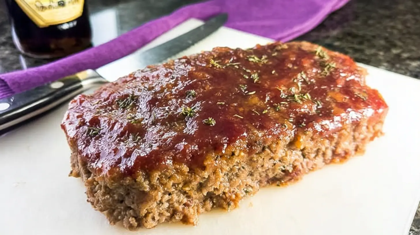 A freshly baked healthy ground beef meatloaf, perfectly sliced to show its texture.