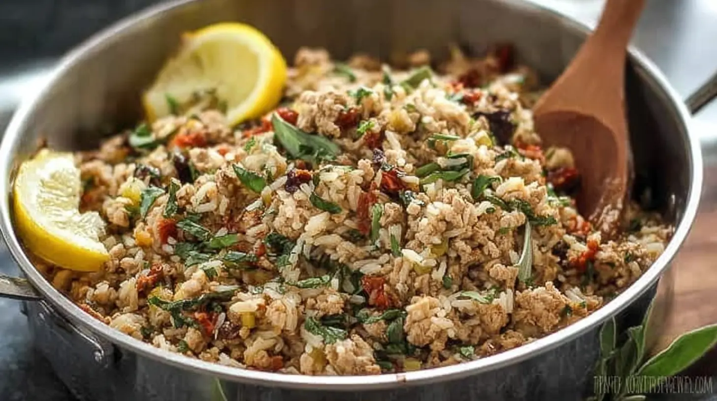 A simple ground turkey rice skillet cooked in a single pan for an easy meal.