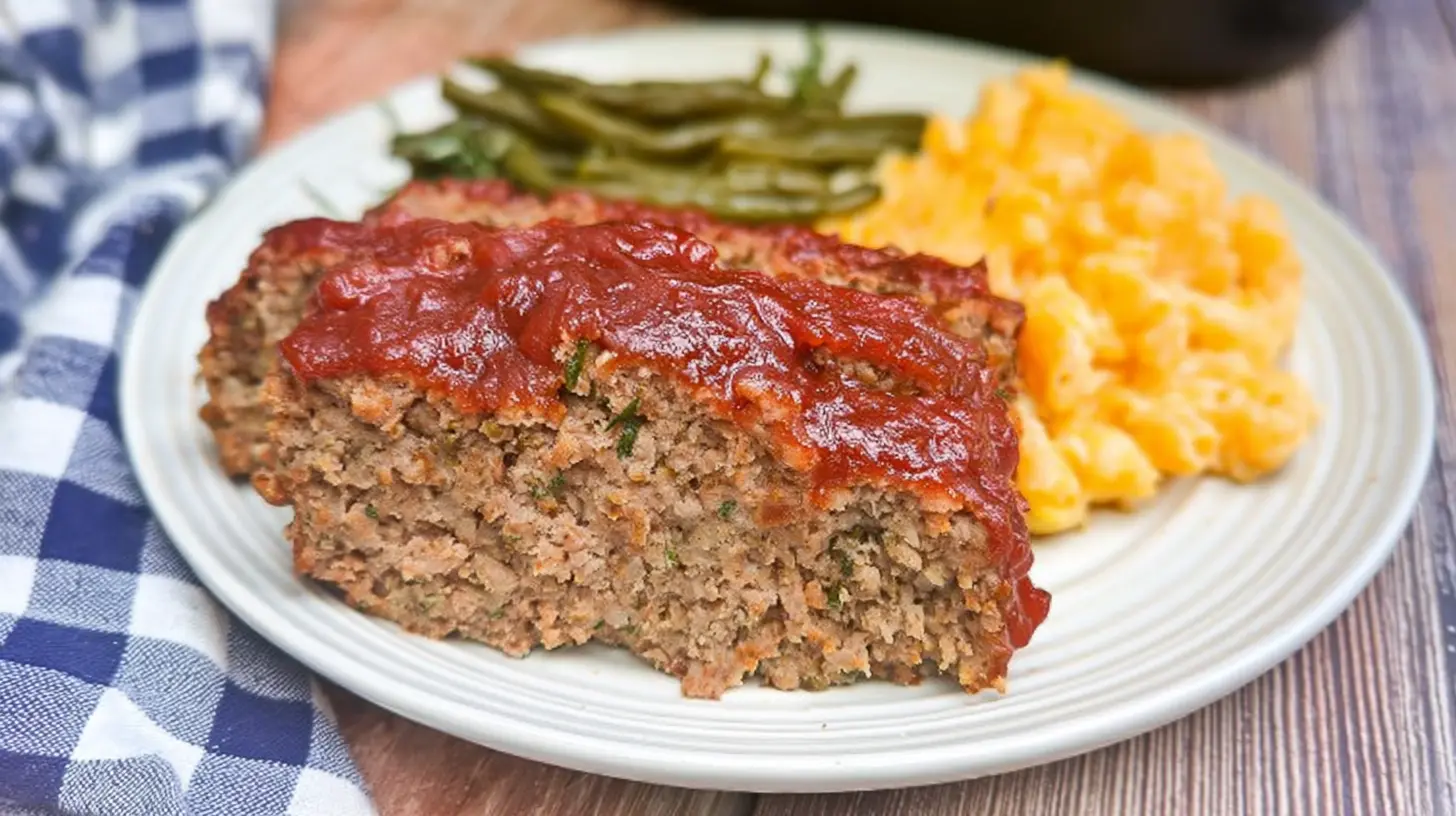 A traditional family meatloaf, perfectly baked and sliced on a serving platter.
