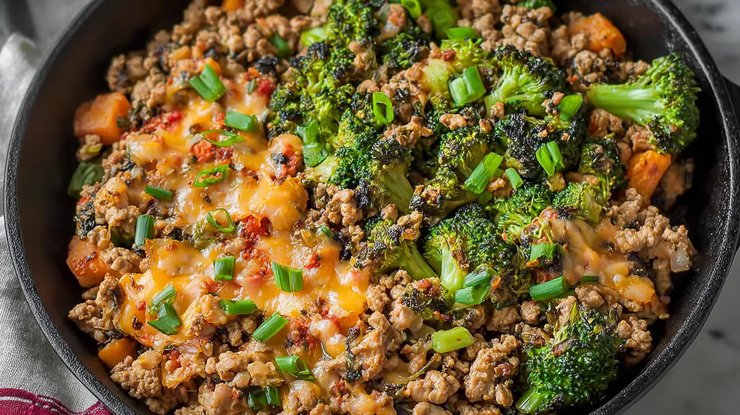 A balanced ground turkey dinner with colorful vegetables