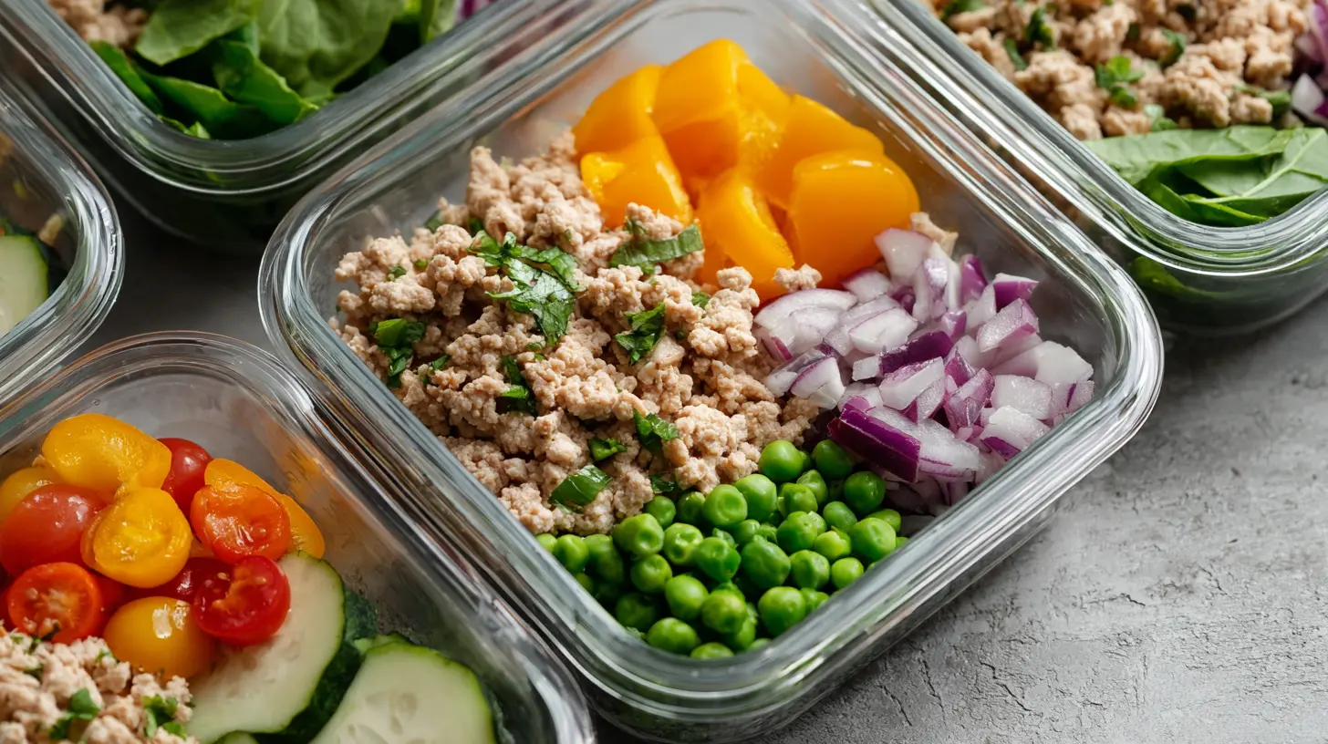 A neatly organized healthy ground turkey meal prep container with vegetables.