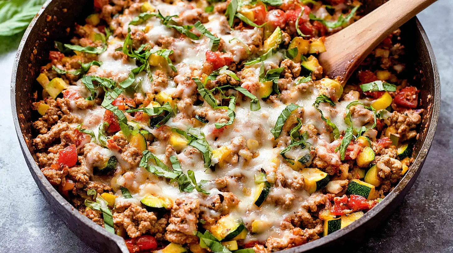 A low fat ground turkey skillet with colorful vegetables, ready to serve.