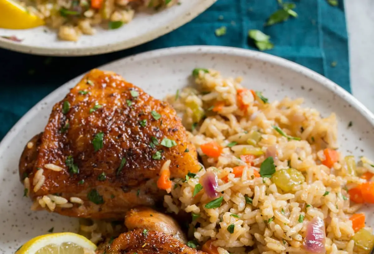 Baked Chicken and Rice: 4 Must-Try Flavor Combos 2 A baking dish filled with golden brown baked chicken and rice, ready to serve.
