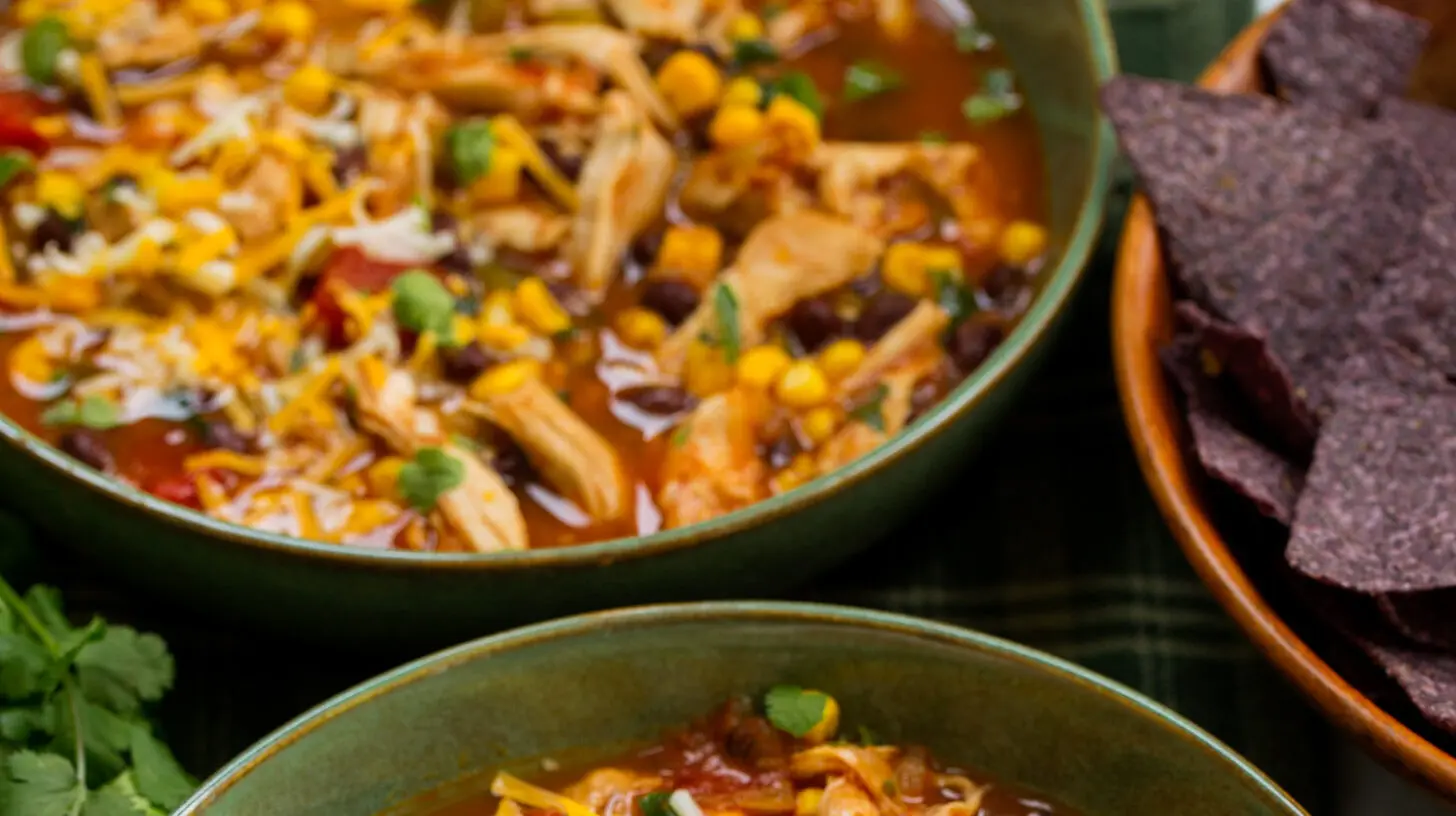 Crockpot Chicken Tortilla Soup: Your 2-Ingredient Hack 2 A hearty crockpot chicken tortilla soup in a bowl, garnished with fresh cilantro and lime.