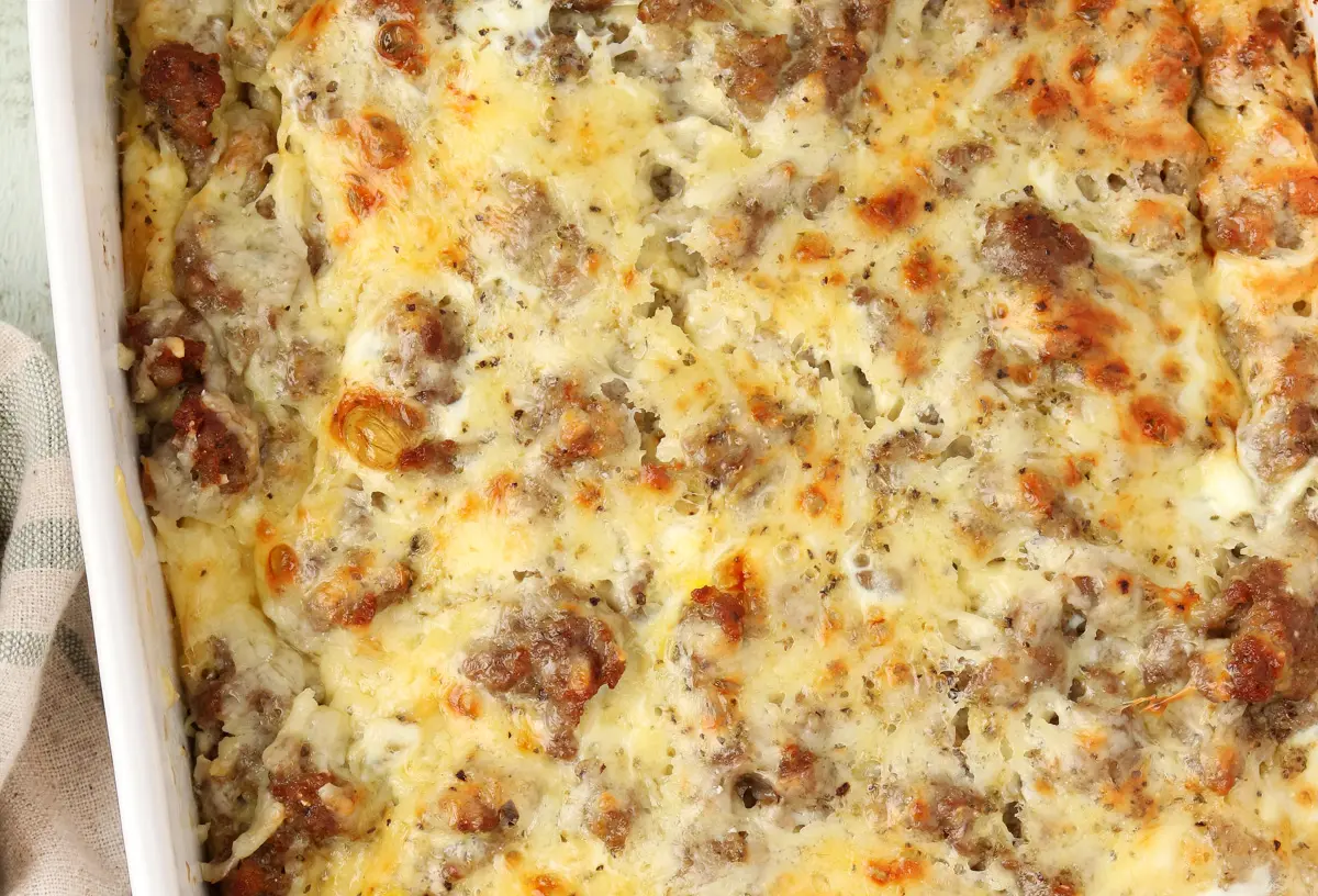 Make Ahead Sausage Breakfast Casserole: 5 Easy Steps 2 A freshly baked make ahead sausage breakfast casserole, golden brown and bubbling.